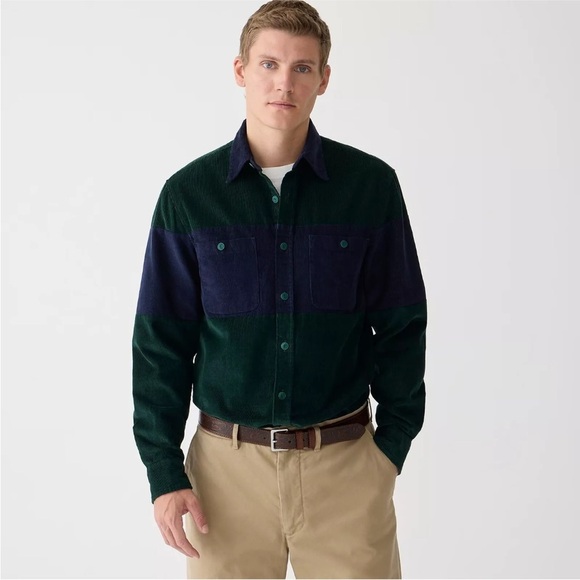J.Crew Men's Midweight Corduroy Workshirt Green Blue Colorblock Size SMALL - Picture 1 of 9